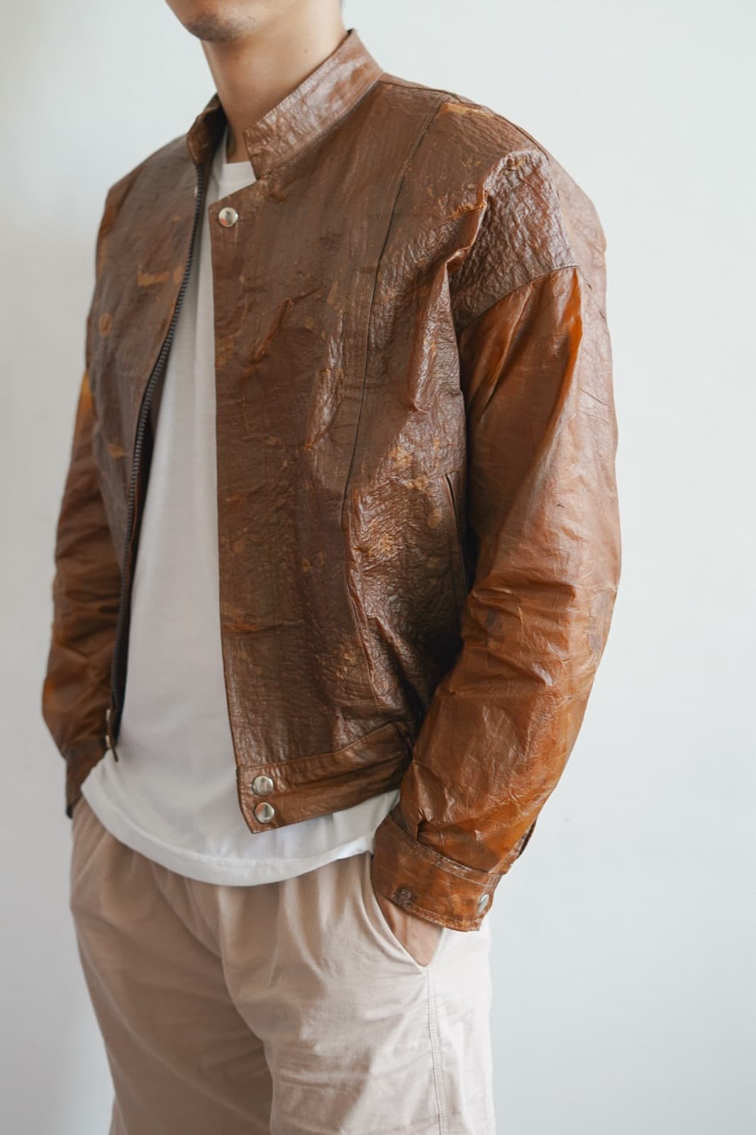 A model wearing a Symbia bioleather jacket