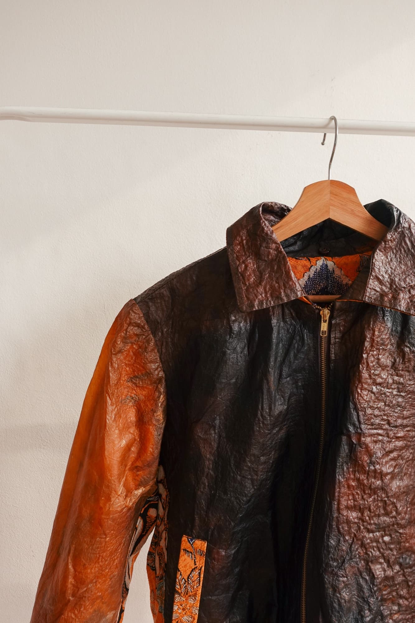A Symbia jacket with a batik collar, detail