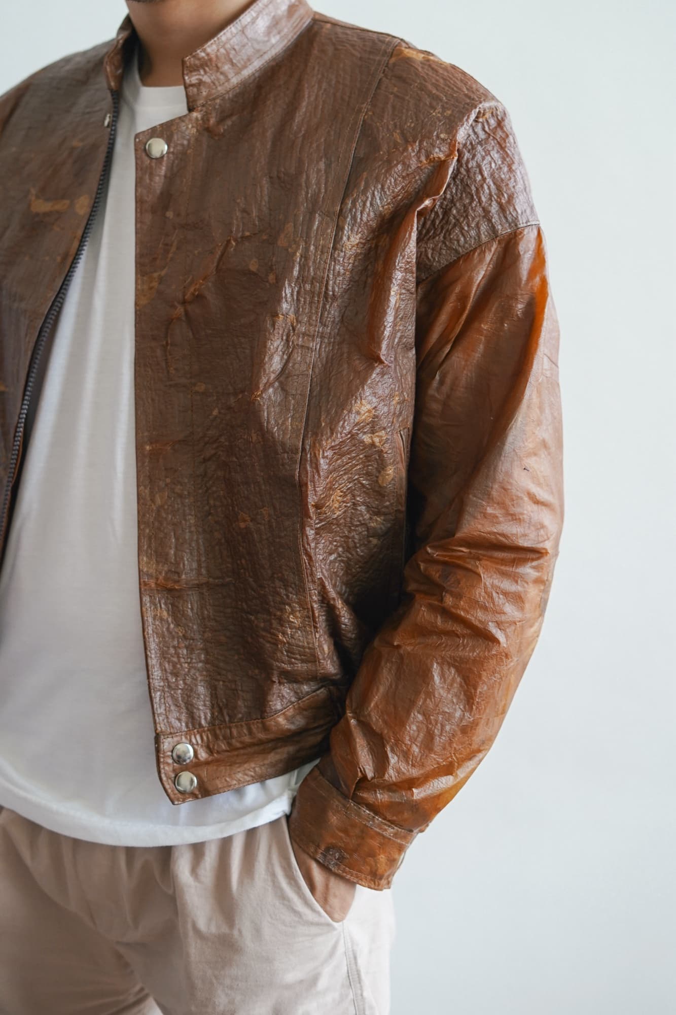 A model wearing a Symbia bioleather jacket