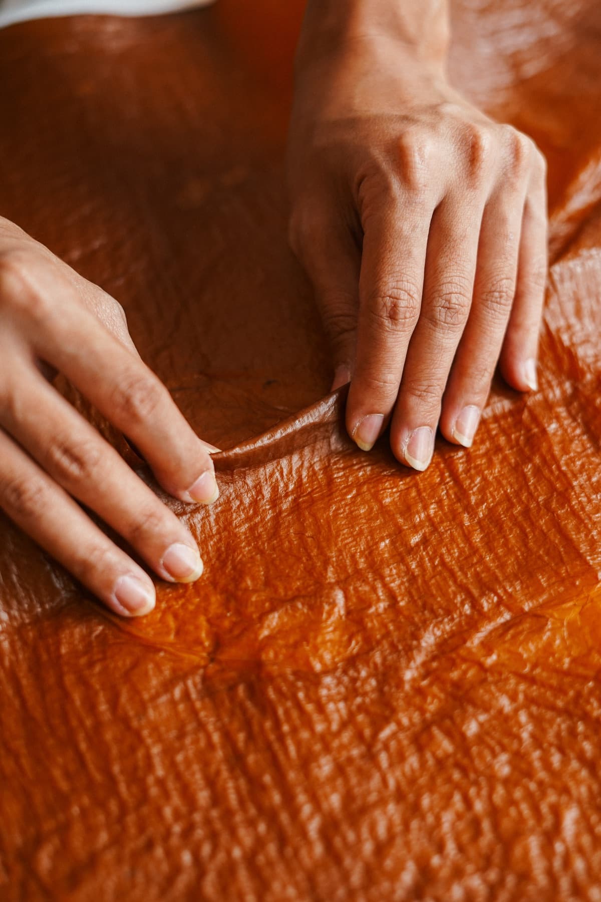 Two hands smoothing a large amber sheet of Kombucha Bioleather
